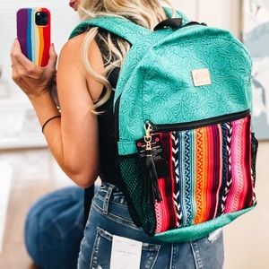 Makeup junkie Serape & Turquoise Tooled Leather Handmade Backpack - exclusive